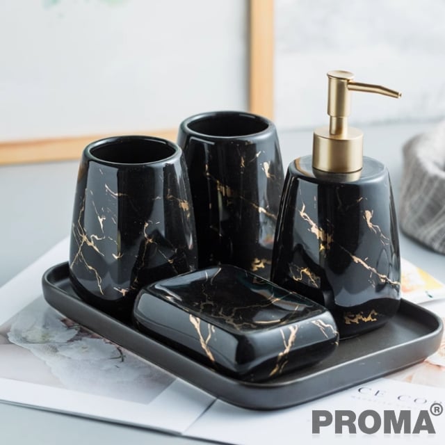 อุปกรณ์ห้องน้ำเซรามิกชุด 5 ชิ้น ลายหินอ่อน PROMA-WS09 สีดำ_7